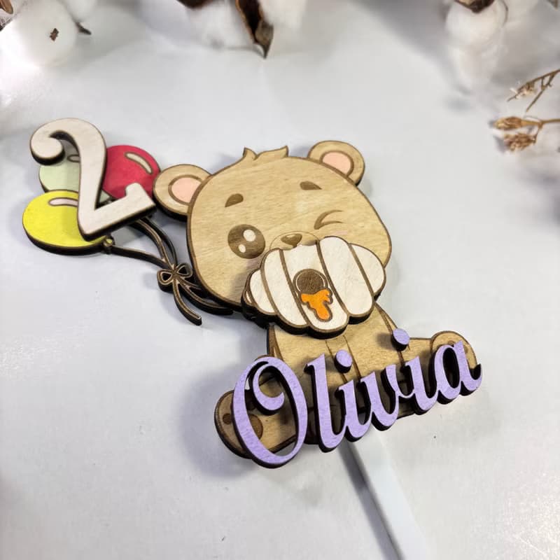Bear Wood Custom Cake Topper - Hand Painted Birthday Keepsake - Custom Name