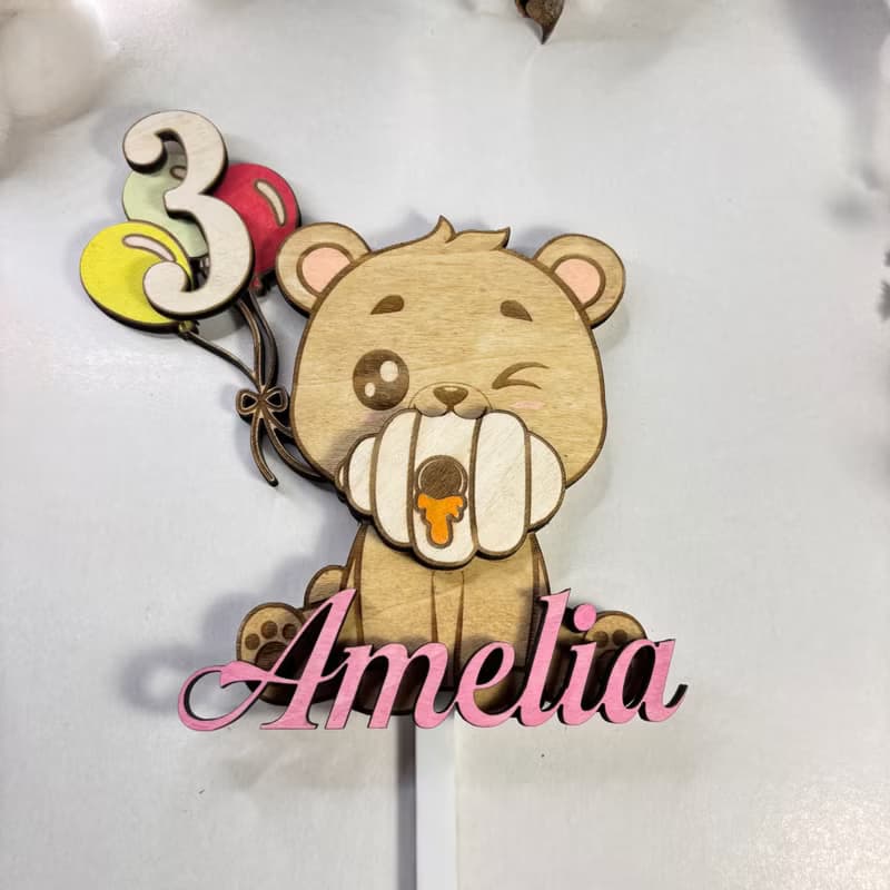 Bear Wood Custom Cake Topper - Hand Painted Birthday Keepsake - Custom Name