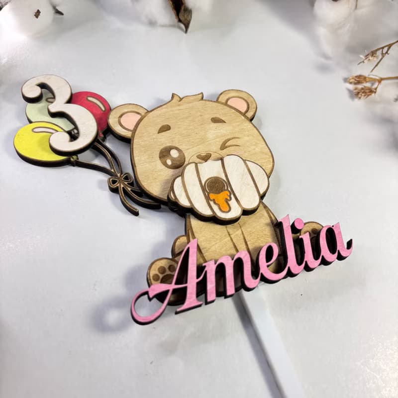 Bear Wood Custom Cake Topper - Hand Painted Birthday Keepsake - Custom Name