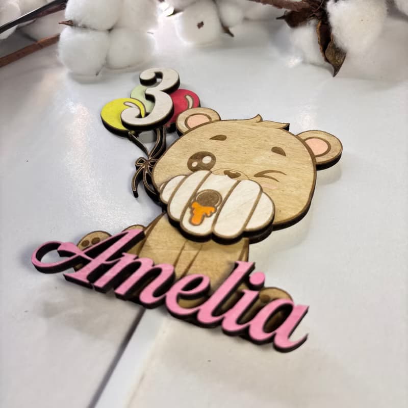 Bear Wood Custom Cake Topper - Hand Painted Birthday Keepsake - Custom Name