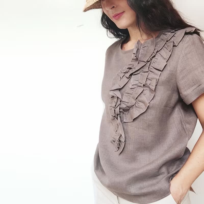 荷葉邊亞麻上衣/女士夏季上衣/米色+其他顏色上衣 XS-XXL 尺寸