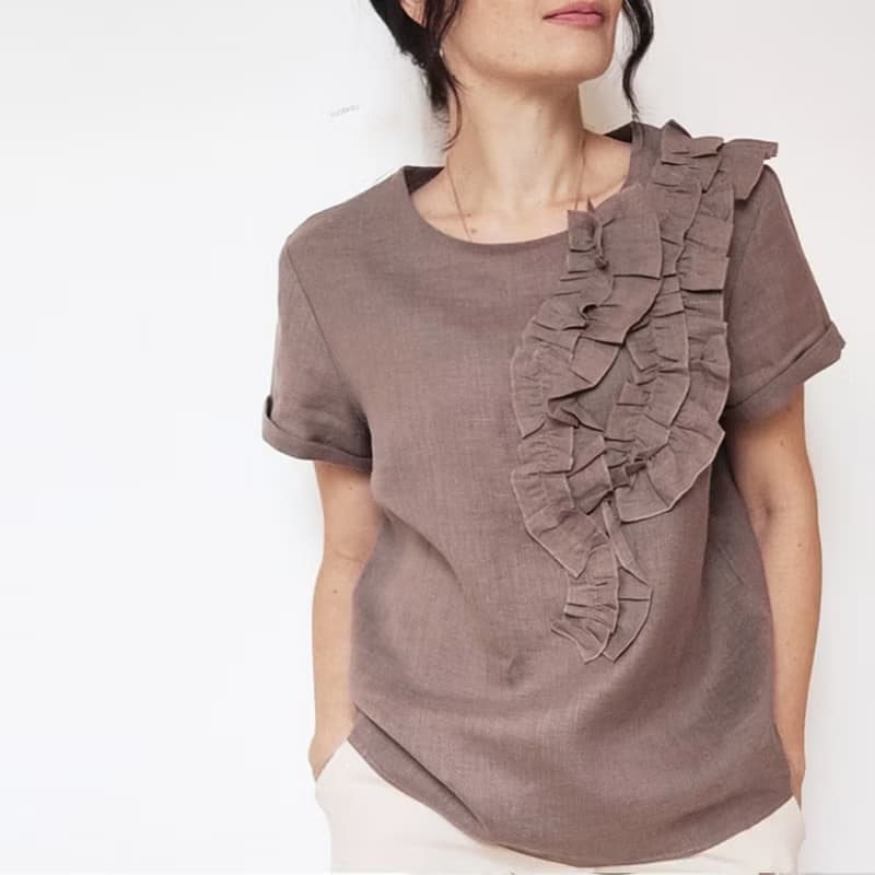 荷葉邊亞麻上衣/女士夏季上衣/米色+其他顏色上衣 XS-XXL 尺寸