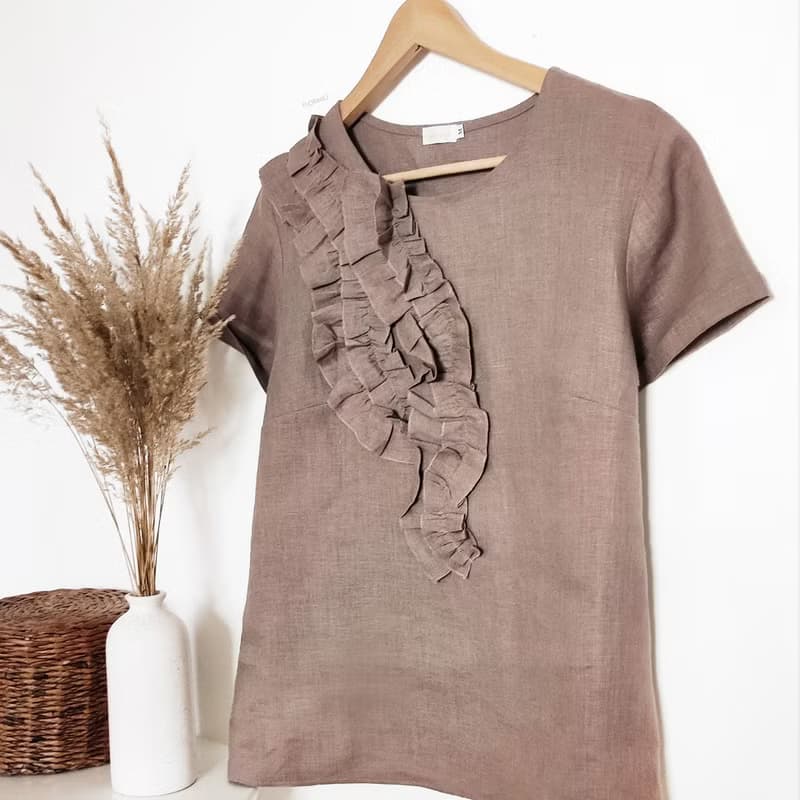 荷葉邊亞麻上衣/女士夏季上衣/米色+其他顏色上衣 XS-XXL 尺寸