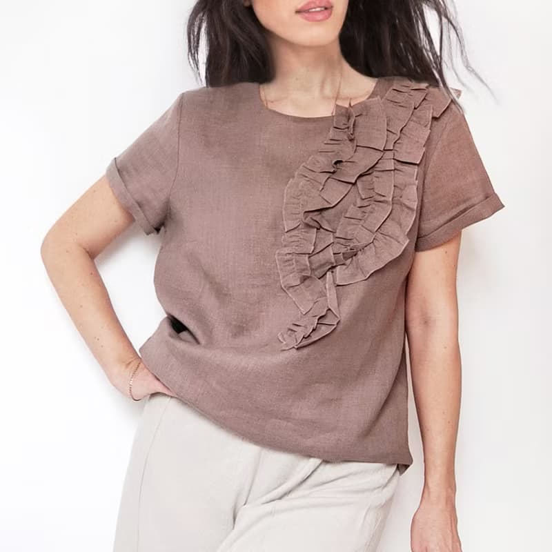 荷葉邊亞麻上衣/女士夏季上衣/米色+其他顏色上衣 XS-XXL 尺寸