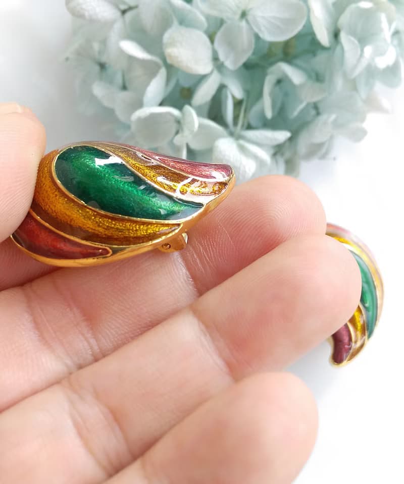 【西洋古董飾品 】對稱 多彩摩登 大耳夾 夾式耳環