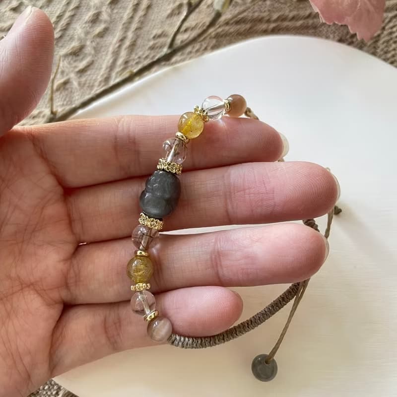 聚財骨幹石貔貅編織手鍊