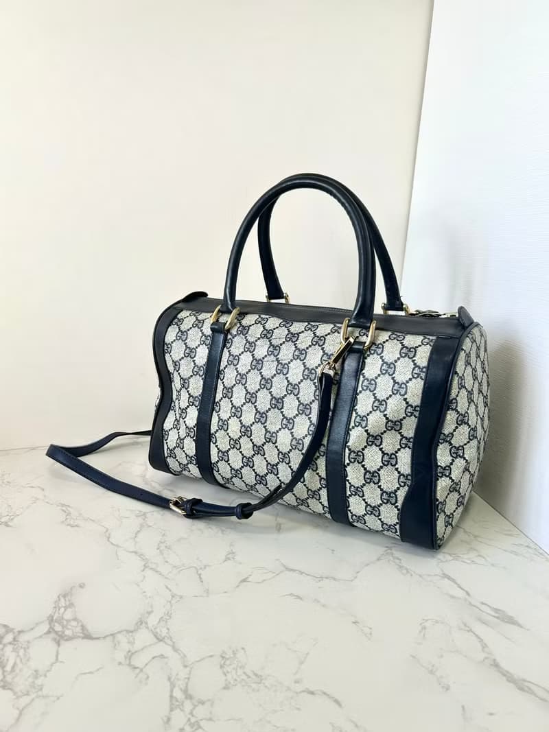 【LA LUNE】中古二手Gucci藍色老花波士頓包斜背單肩側孭皮革手袋