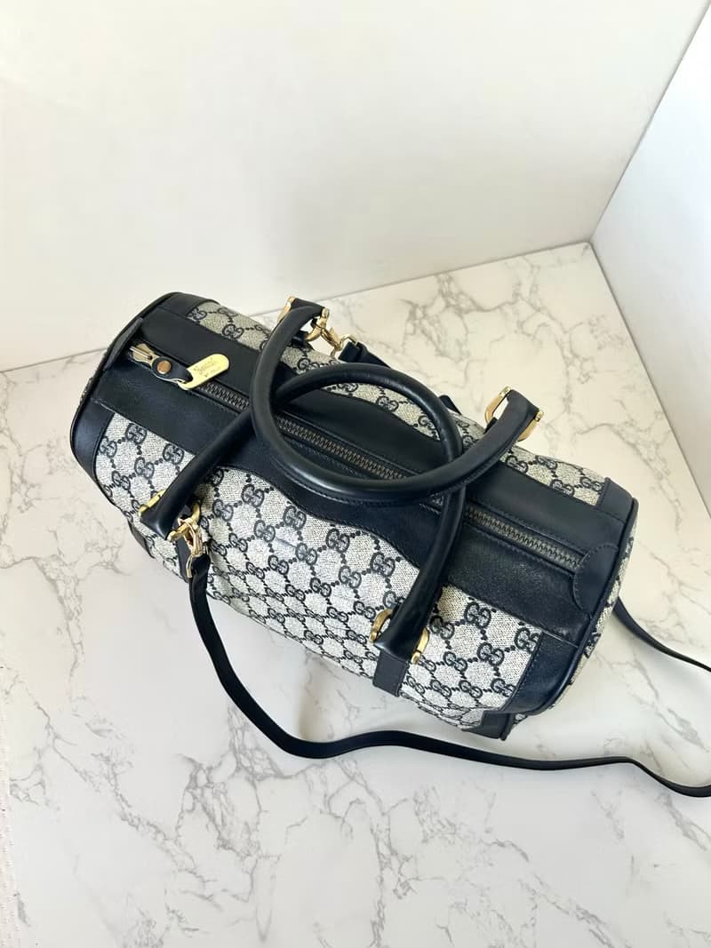 【LA LUNE】中古二手Gucci藍色老花波士頓包斜背單肩側孭皮革手袋