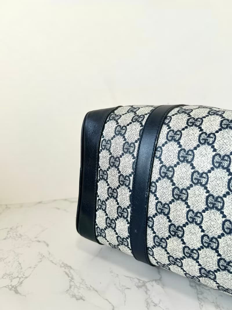 【LA LUNE】中古二手Gucci藍色老花波士頓包斜背單肩側孭皮革手袋
