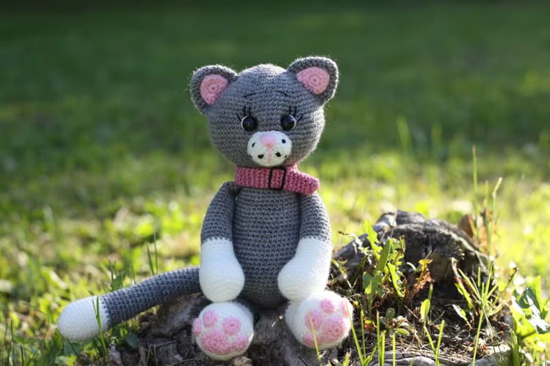 Crochet cat grey 9,8inch, Crochet cat Stuffed, toy knitted cat, Big soft cat