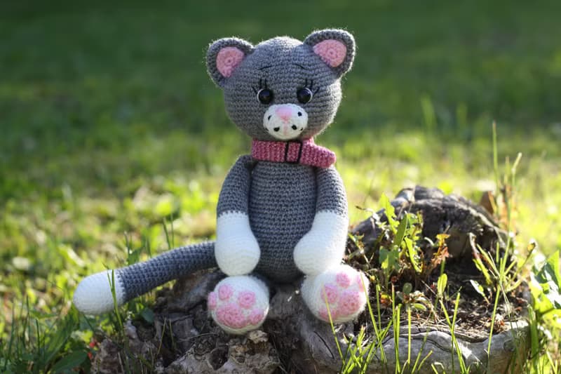 Crochet cat grey 9,8inch, Crochet cat Stuffed, toy knitted cat, Big soft cat