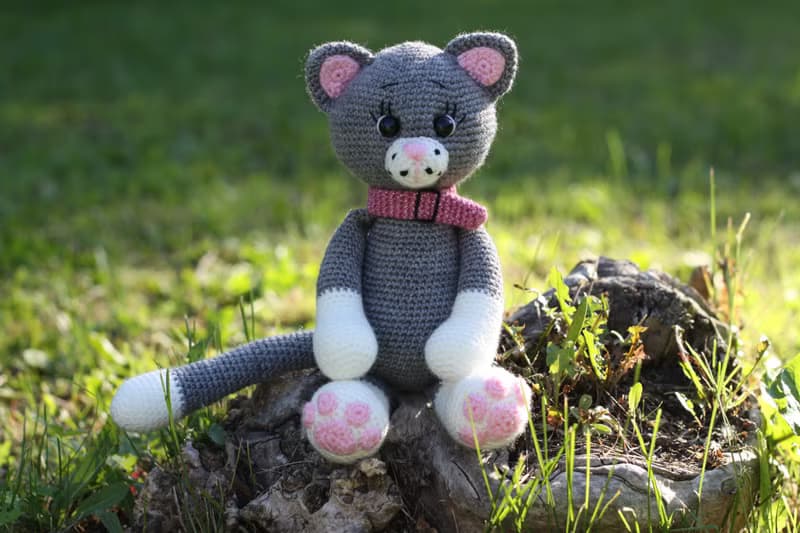 Crochet cat grey 9,8inch, Crochet cat Stuffed, toy knitted cat, Big soft cat