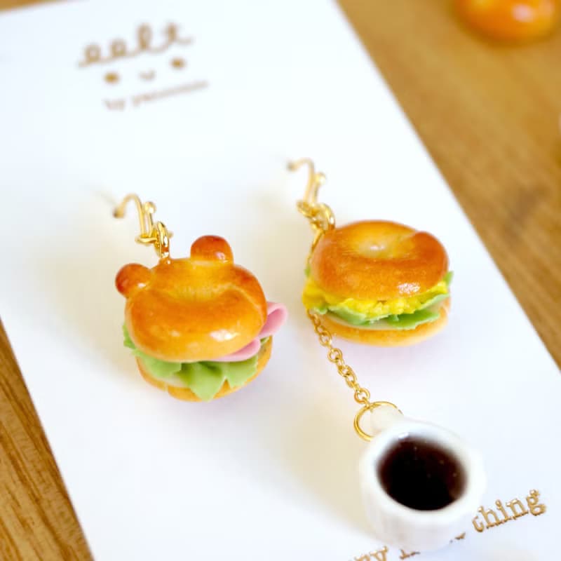 幸福.小熊Bagel.貝果配咖啡早餐.手工耳環 (現貨/預訂)
