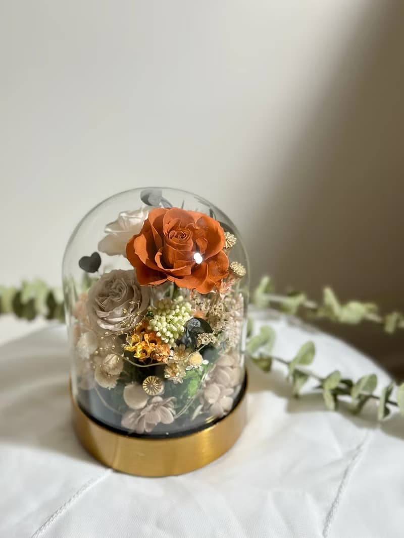 質感復古橘玫瑰永生花玻璃盅 小夜燈 新年禮物 情人節禮物 新居禮