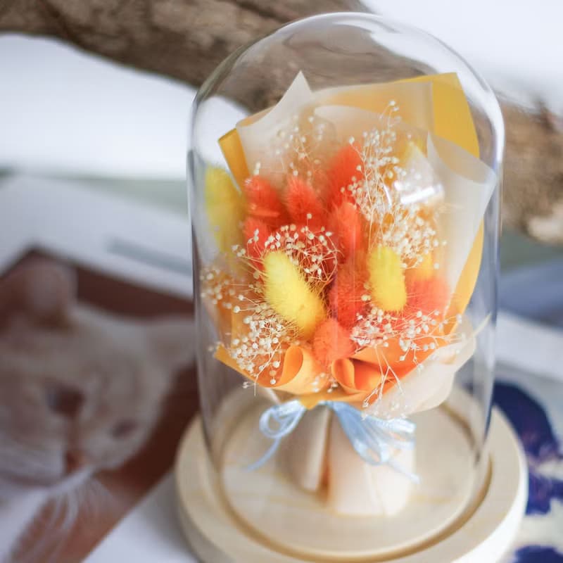 生日禮物 兔花穗玻璃罩 兔尾草小花束 乾燥花束 玻璃罩花禮