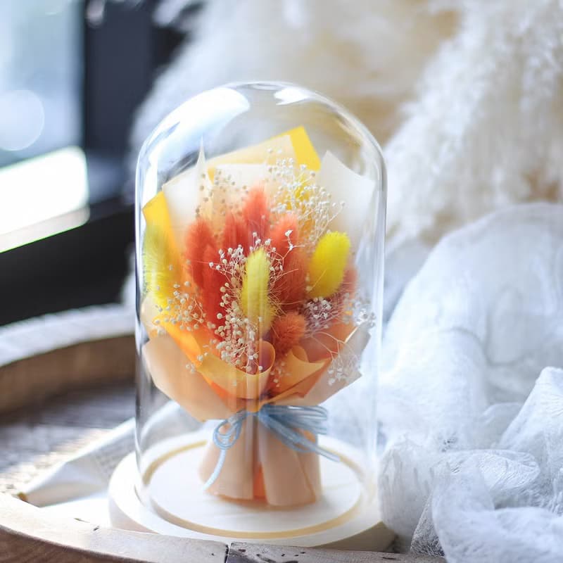 生日禮物 兔花穗玻璃罩 兔尾草小花束 乾燥花束 玻璃罩花禮