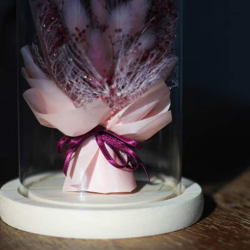 生日禮物 兔花穗玻璃罩 兔尾草小花束 乾燥花束 玻璃罩花禮