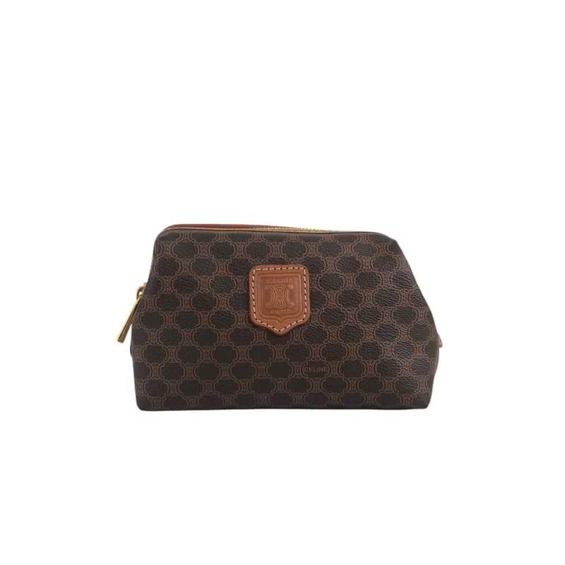 【 日本直送　名牌中古包 】CELINE セリーヌ マカダム ポーチ ブラウン ブラゾン型押し PVC レザー vintage ヴィンテージ chci53