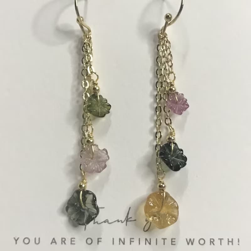 招財旺夫水晶I碧璽電氣石Tourmaline14K耳環I糖果小花I情人節禮物