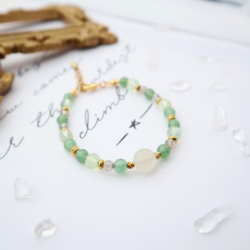 創傷療癒/事業財運│白月光石-葡萄石-東菱玉│黃銅 扣環式 手鍊