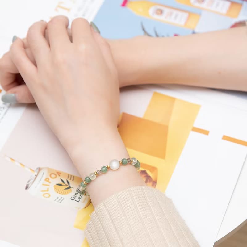 創傷療癒/事業財運│白月光石-葡萄石-東菱玉│黃銅 扣環式 手鍊