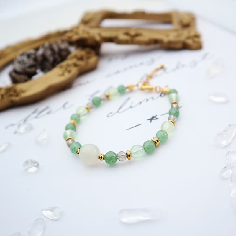 創傷療癒/事業財運│白月光石-葡萄石-東菱玉│黃銅 扣環式 手鍊