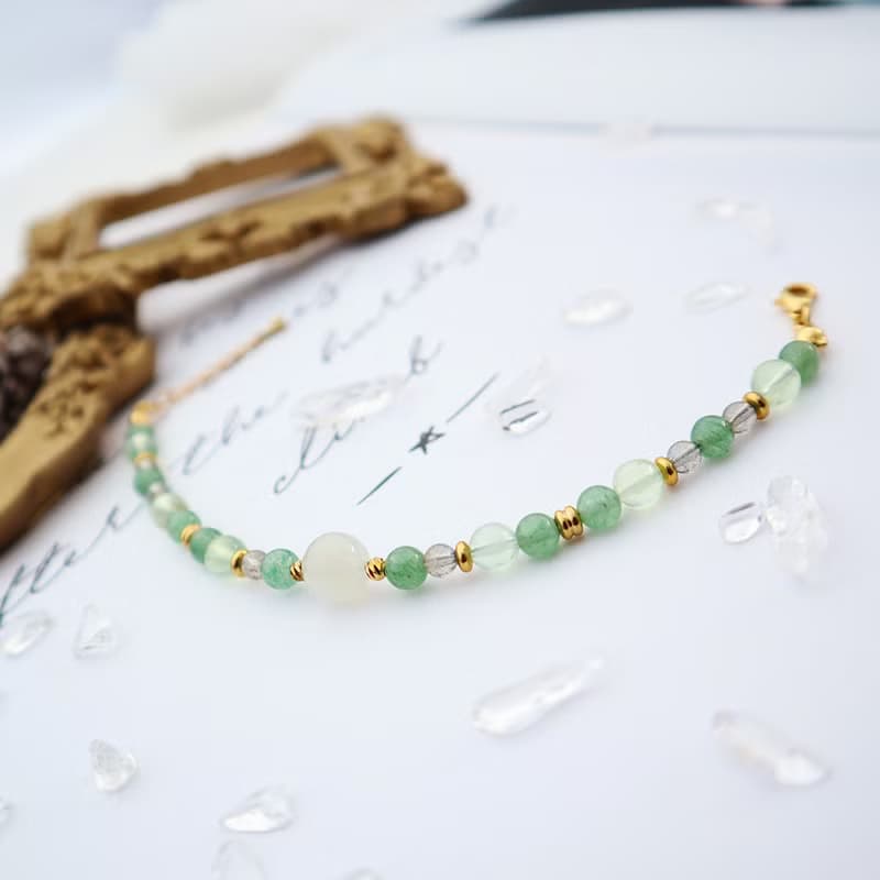創傷療癒/事業財運│白月光石-葡萄石-東菱玉│黃銅 扣環式 手鍊