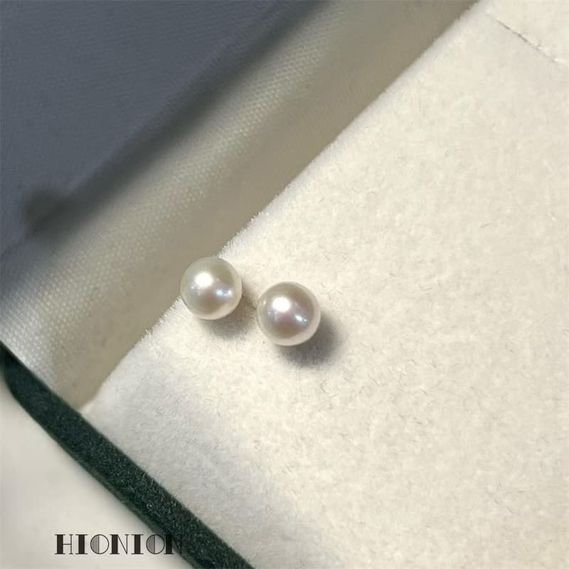 Hi Onion18K金小燈泡強光正圓純銀天然淡水極光小珍珠耳釘耳夾