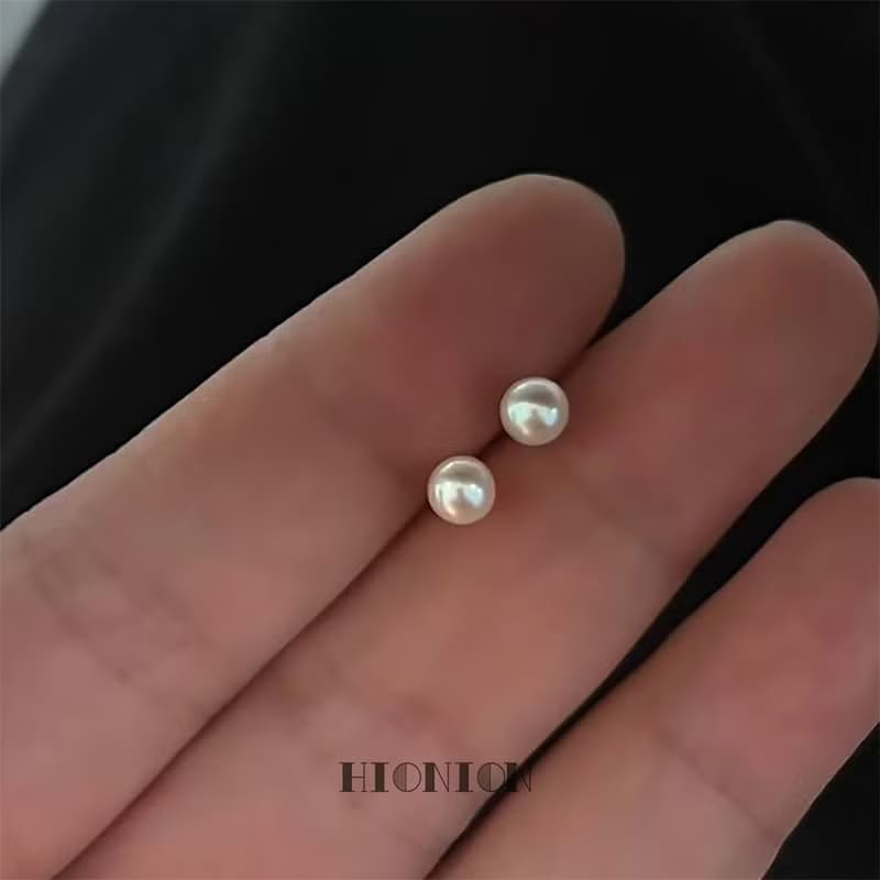 Hi Onion18K金小燈泡強光正圓純銀天然淡水極光小珍珠耳釘耳夾
