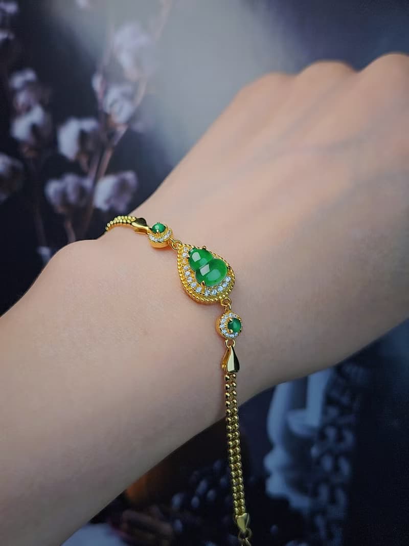 |福財|A貨翡翠冰玻陽綠飽滿葫蘆9.2mm純銀鍍18k黃豪鑲手鏈