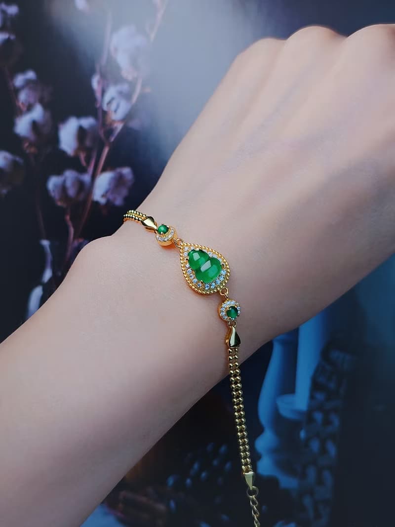 |福財|A貨翡翠冰玻陽綠飽滿葫蘆9.2mm純銀鍍18k黃豪鑲手鏈