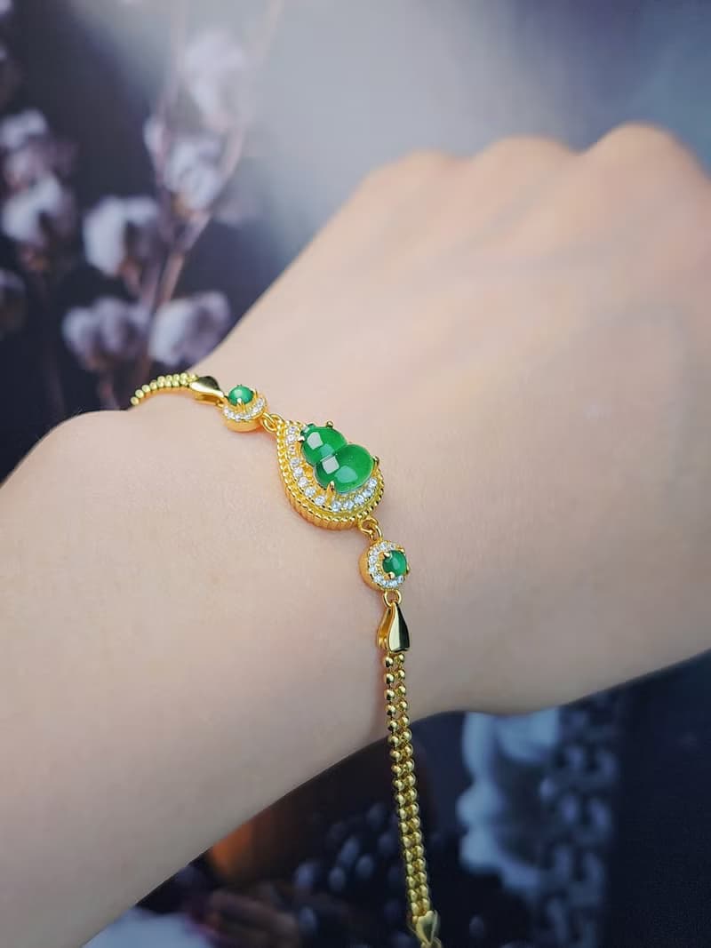 |福財|A貨翡翠冰玻陽綠飽滿葫蘆9.2mm純銀鍍18k黃豪鑲手鏈