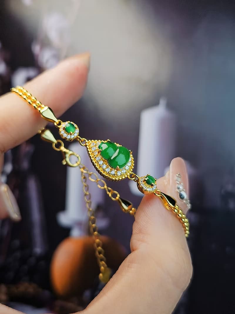 |福財|A貨翡翠冰玻陽綠飽滿葫蘆9.2mm純銀鍍18k黃豪鑲手鏈