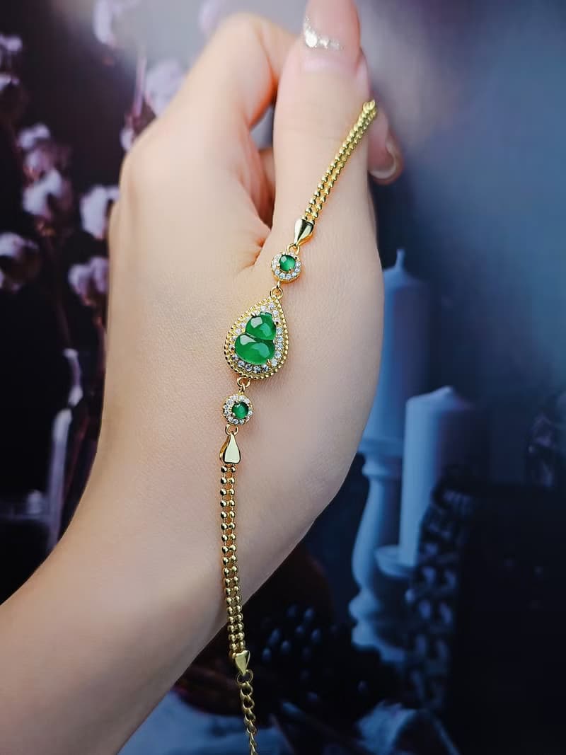 |福財|A貨翡翠冰玻陽綠飽滿葫蘆9.2mm純銀鍍18k黃豪鑲手鏈