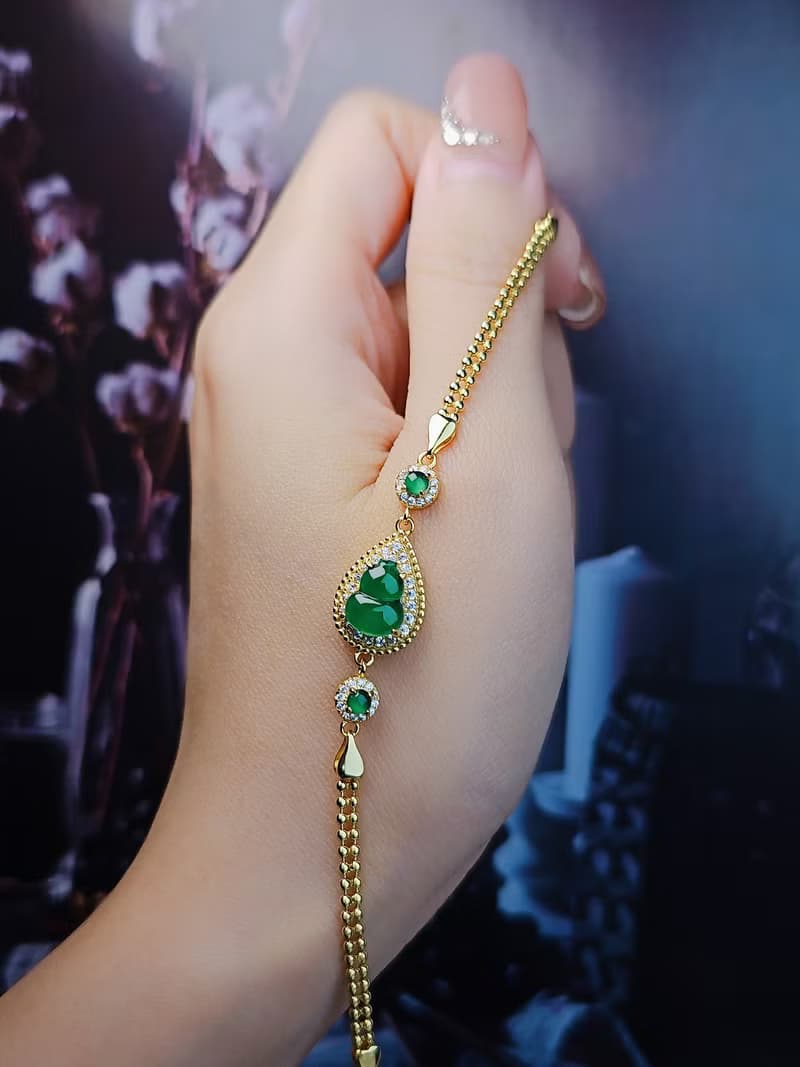 |福財|A貨翡翠冰玻陽綠飽滿葫蘆9.2mm純銀鍍18k黃豪鑲手鏈