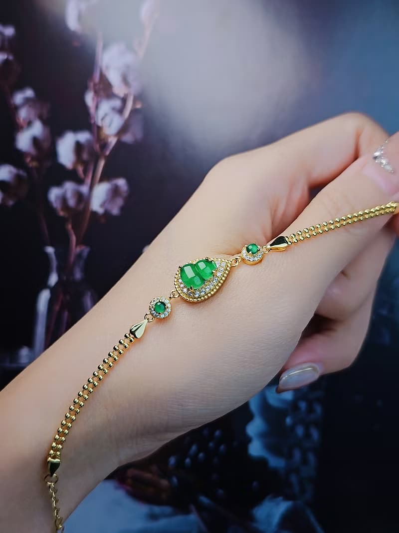 |福財|A貨翡翠冰玻陽綠飽滿葫蘆9.2mm純銀鍍18k黃豪鑲手鏈