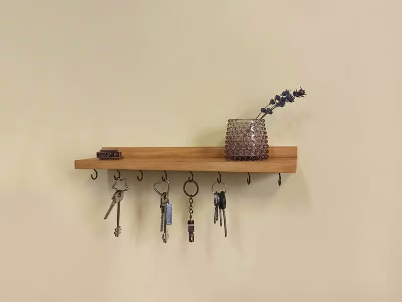 Wooden wall floating shelf key holder 40 cm (8 hooks)