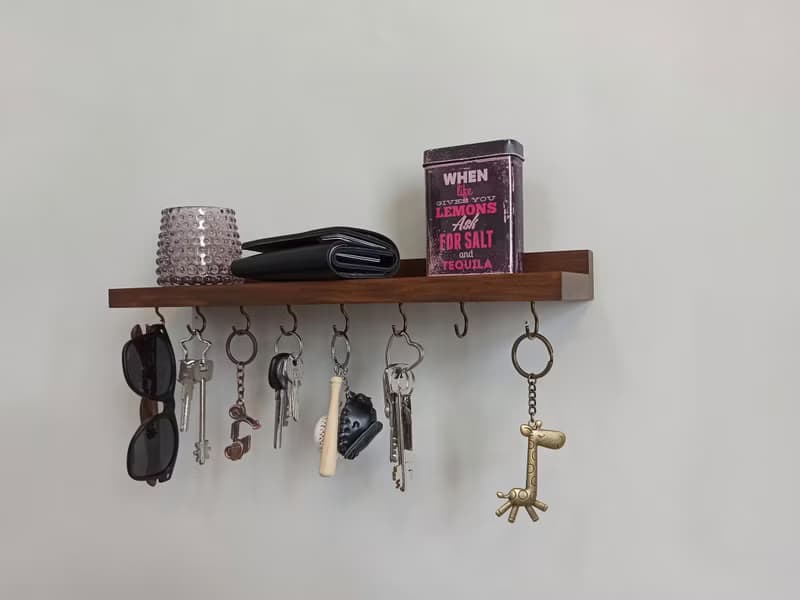 Wooden wall floating shelf key holder 40 cm (8 hooks)