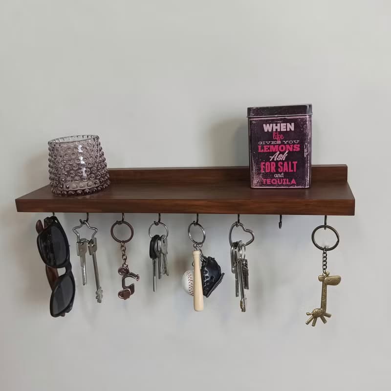 Wooden wall floating shelf key holder 40 cm (8 hooks)