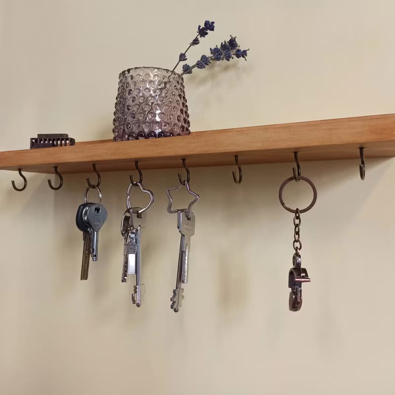 Wooden wall floating shelf key holder 40 cm (8 hooks)