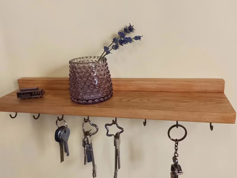 Wooden wall floating shelf key holder 40 cm (8 hooks)