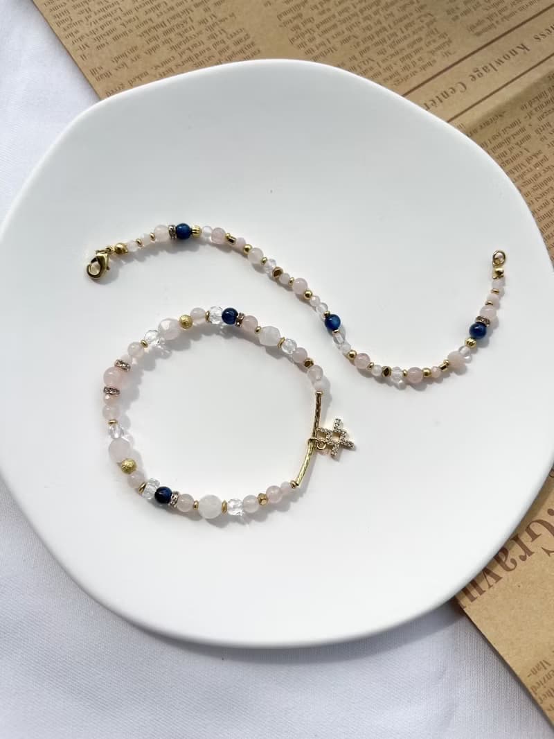 【星座雙鍊 水瓶座】風象星座 粉晶 藍晶石 水晶手鍊