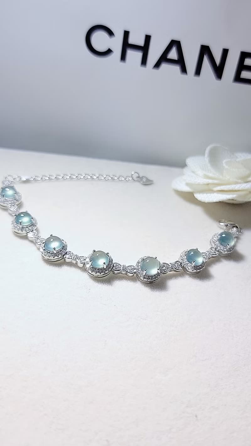 |藍剛仙女|A貨翡翠冰玻淡藍杠剛大蛋面6.5mm純銀鍍18k豪鑲手鏈