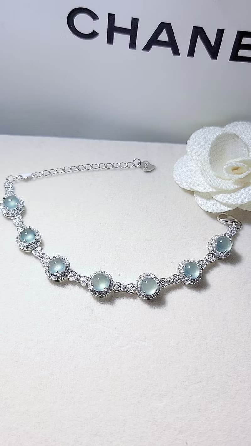 |藍剛仙女|A貨翡翠冰玻淡藍杠剛大蛋面6.5mm純銀鍍18k豪鑲手鏈