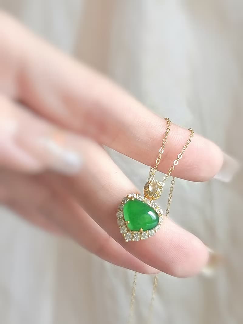招財•健康•感情|高冰綠愛心|A貨翡翠純銀鍍18k精緻吊墜項鍊