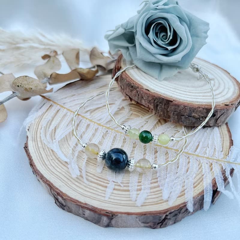 【情侶首選】水晶手鍊/致簡鋼線編織(大)/綠髮晶x鈦晶