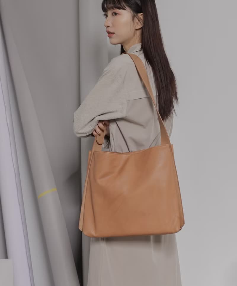 supportingrole 2分層真皮中性簡約的簡約肩側背包 咖啡