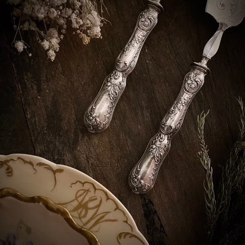 法國新藝術時期 華麗浮雕純銀柄 變形刀叉組