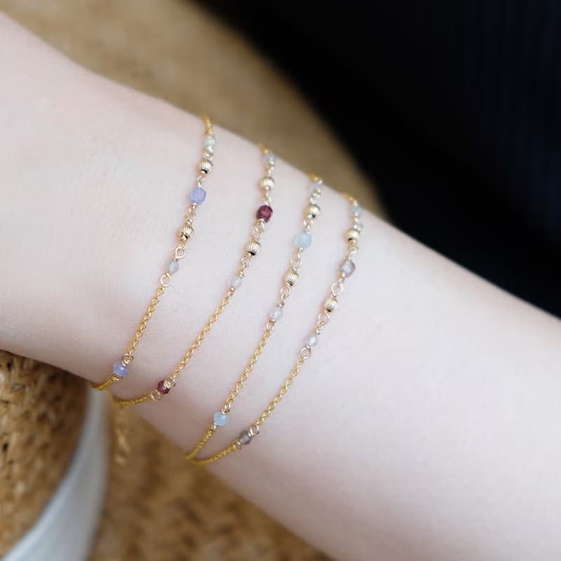 午茶時光 小方糖手鍊 紅石榴方塊 | 拉長石 14K包金 天然水晶