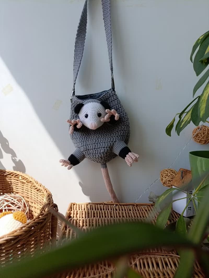 Adorable opossum bag perfect gift for lovers of original things, shoulder strap